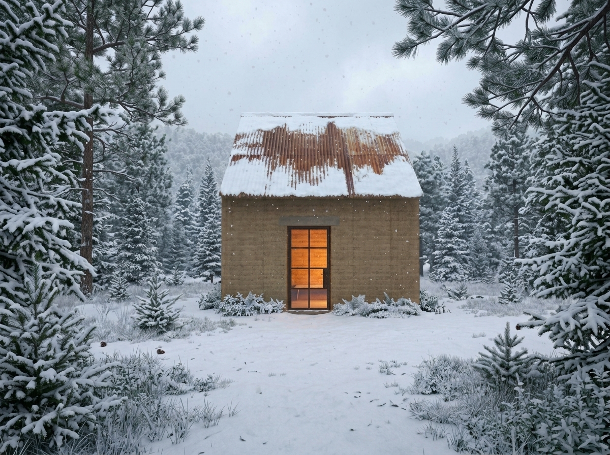 Earthen shelter among snow-covered trees