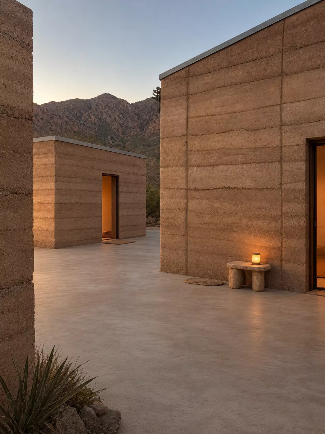 Rammed-earth volumes gathered around a quiet courtyard at dusk
