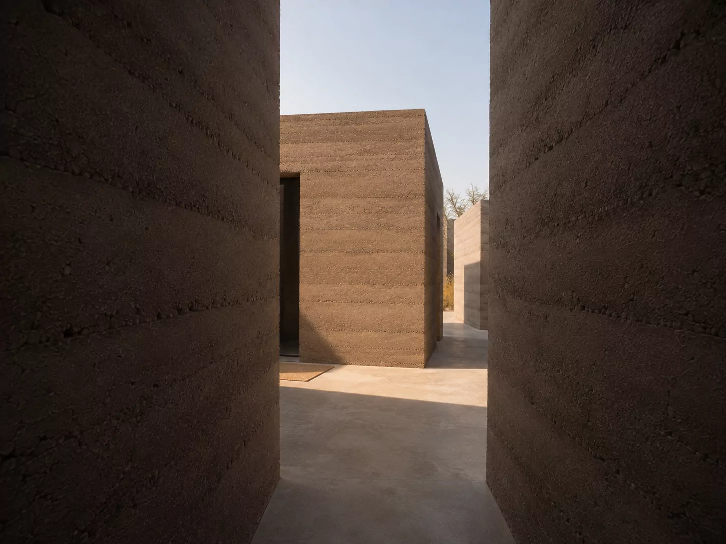 Sunlit passage framed by thick rammed-earth courtyard walls