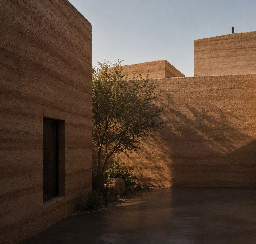 A quiet rammed-earth courtyard in warm desert light