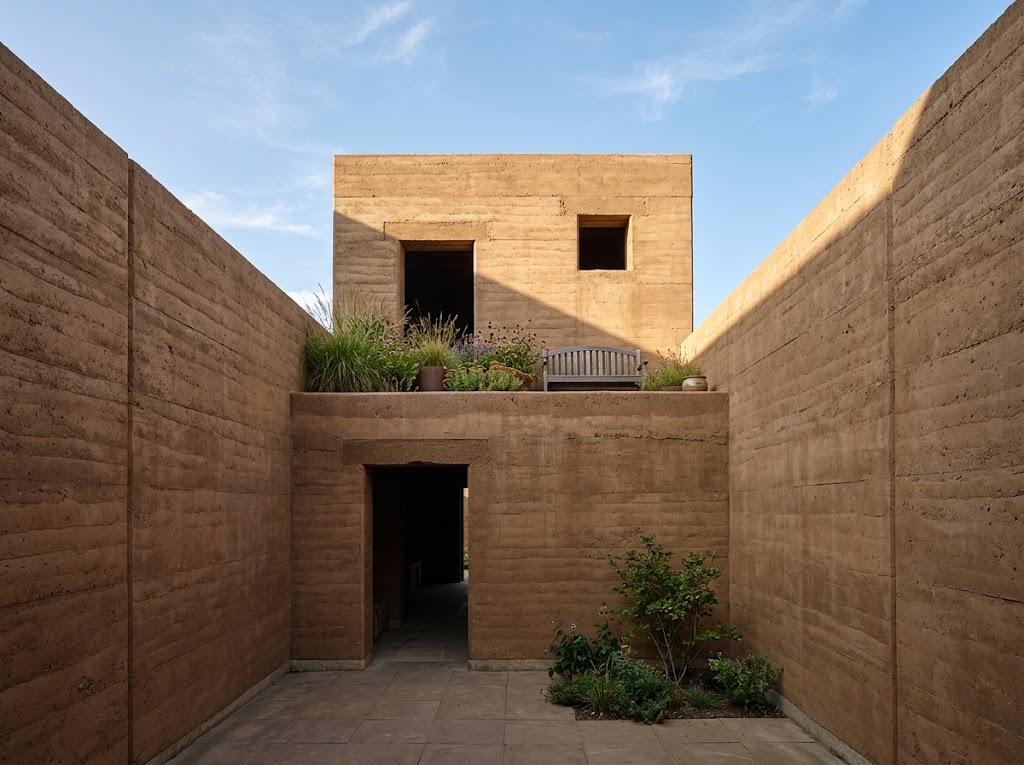 Two-story earthen Long House overlooking a planted courtyard