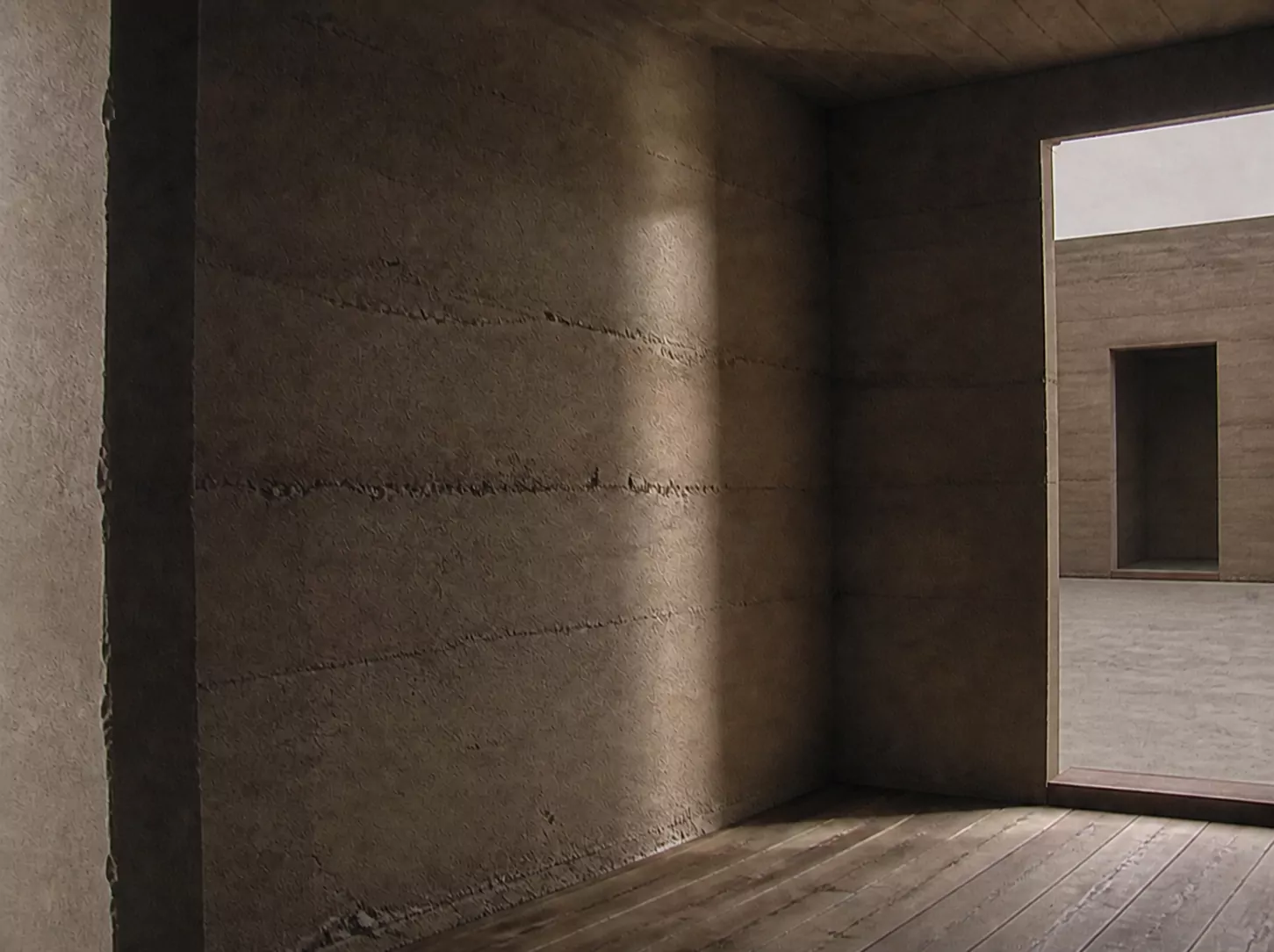 An approach through opposing walls toward the courtyard