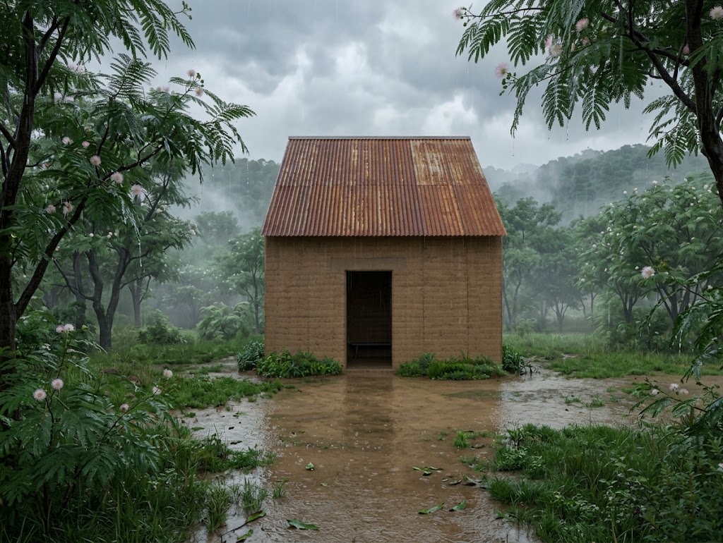 Earthen shelter in a lush, rain-soaked landscape